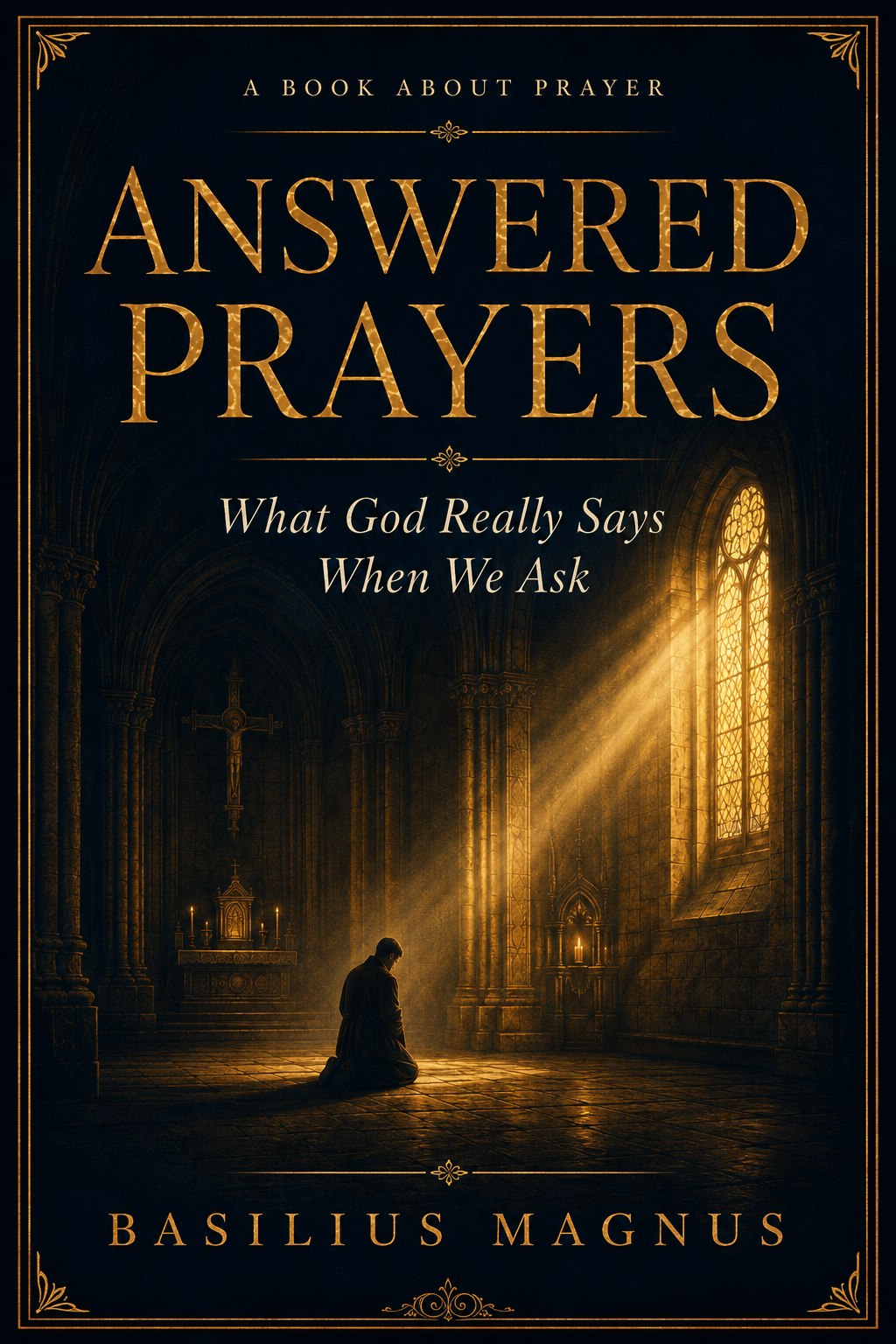Cover of Answered Prayers: What God Really Says When We Ask, by Basilius Magnus — a figure kneeling in prayer in a candlelit church as golden light pours through a window
